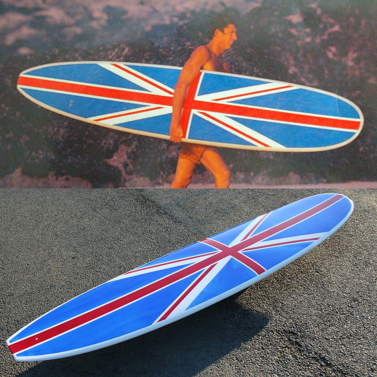 electrofishsurf's tweet photo. 9'6 fully resin panelled longboard inspired by Rod Sumpter's 60s classic pictured above. #unionjack #classic https://t.co/ynNMlba048