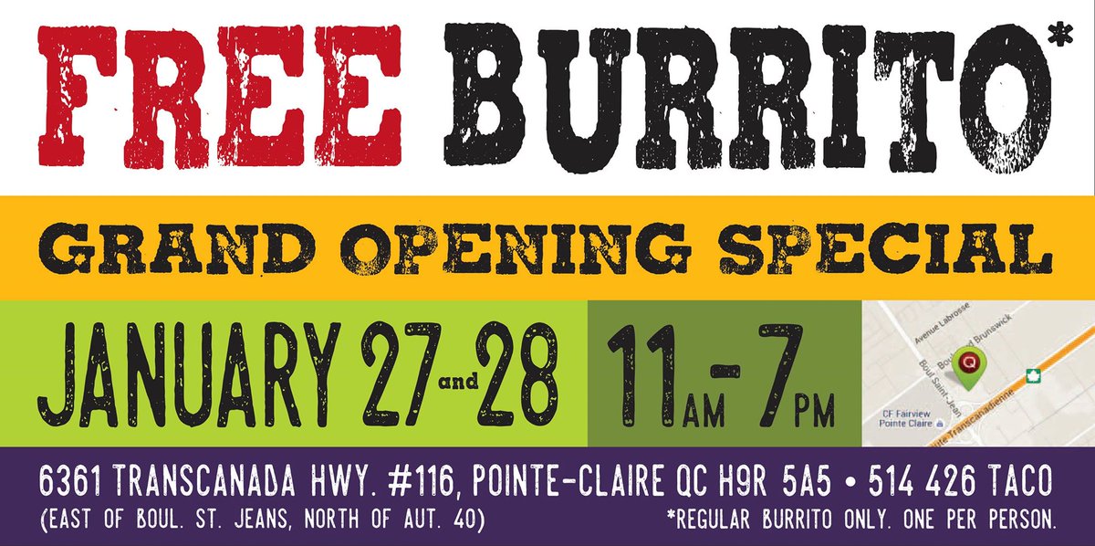 quesadapc's tweet photo. Who wants free burritos?
Please retweet!

#FreeBurritos #Free #PointeClaire #MTL #FreeFood #Food #yummy #grandopening #thejoyofmex #quesada https://t.co/V6pKhhSDvh
