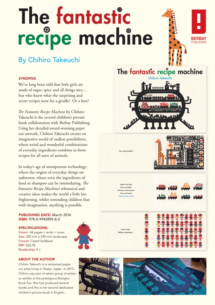 chihirars's tweet photo. The Fantastic Recipe Machine will be published and released in Australia and New Zealand this March 2017. #berbaybooks #papercut #bcbf16 https://t.co/V6azDnZ518