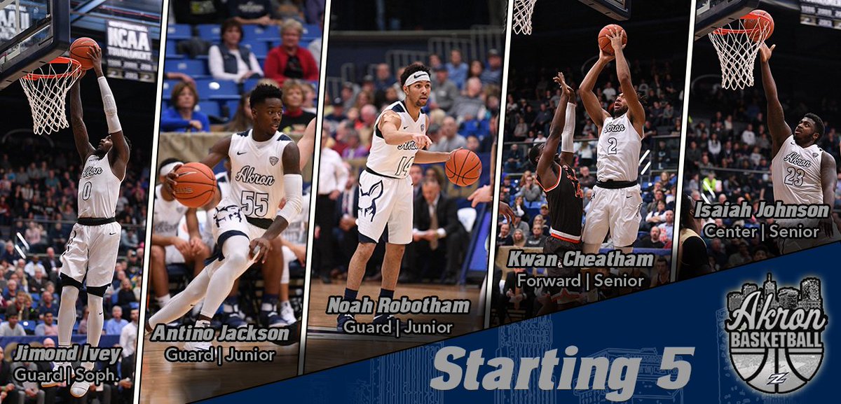 ZipsMBB's tweet photo. Game time here in Michigan...Akron taking on Western Michigan with the Zips looking for their 10th straight win. Here's tonight's starters: https://t.co/4pMGYbb6m9