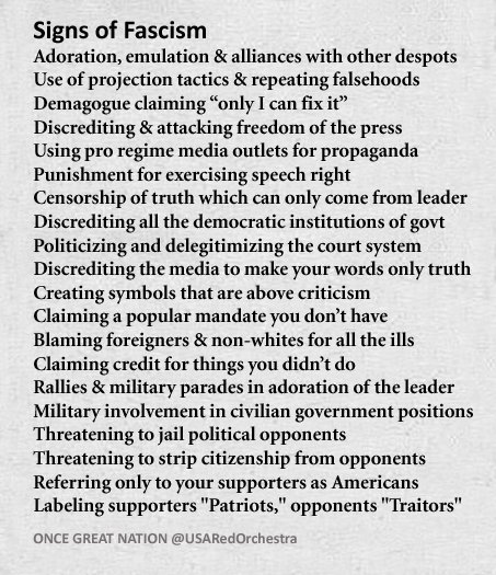 WilDonnelly's tweet image. Is this starting to sink in yet? Have been tweeting this graphic for months. The Dear Leader is checking off every element of fascism.