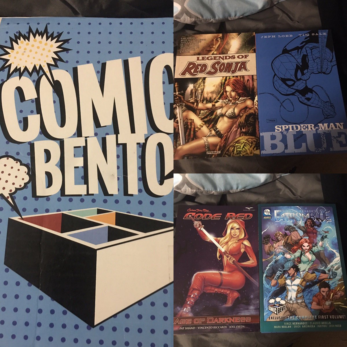 L0ki_Moriarty's tweet photo. Yay first @ComicBentoHQ of the year!!!!See ya world #spiderman #codered #redsonja #fathomblue #jephloeb #gailsimone #dynamitecomics #marvel https://t.co/EVMTUYCdli