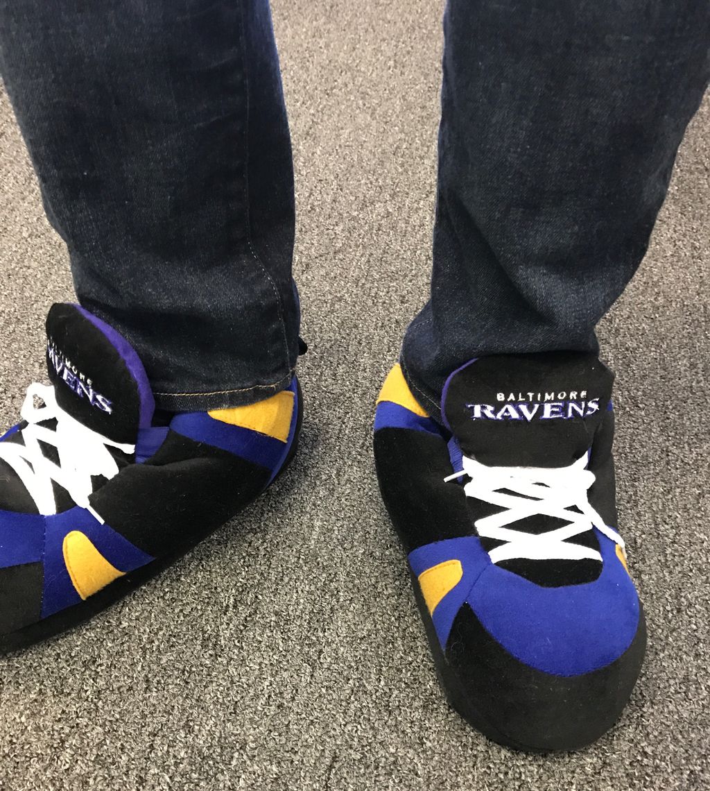 Jetlore's tweet photo. Jetlore's @cferoli reps the @ravens in the #slipperoftheday! We like to be comfy while we innovate B2C CRM.  #AI #jetloreculture #bigdata https://t.co/zHObAF4CN1