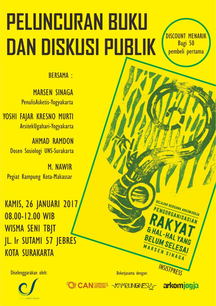 Peluncuran buku: Belajar Bersama ArkomJogja.
Besok Kamis, 26 Januari 2016 | Jam 10 Wib | Wisma Seni TBS
cc <a href="/HMAVV/">HMA Vastu Vidya</a> <a href="/PWKUNS13/">HM13 Banawa Sekar</a> <a href="/himasosfisipuns/">HIMASOS FISIP UNS</a>