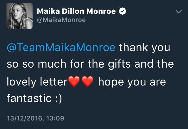 TeamMaikaMonroe's tweet photo. "You're just a fan, you're not important to her..she doesn't care about you" I beg to differ 😏 #2016Edition https://t.co/iHwGdTktrM