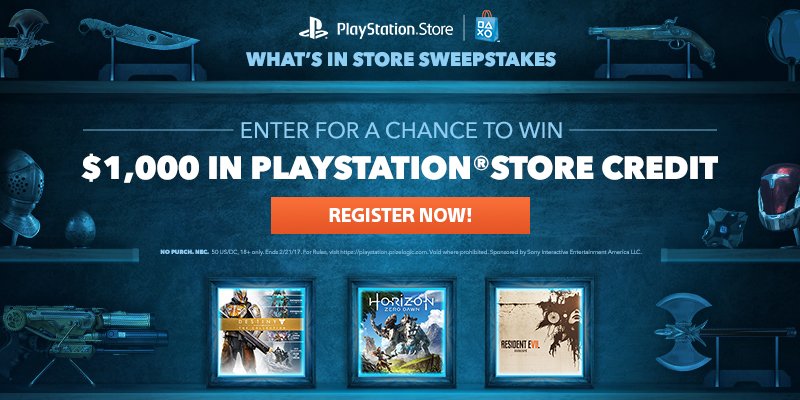 PlayStation on Twitter: "Want $1,000 in PS Store credit? Register for a chance to win https://t.co/G0aE3r7V0K And find out how win additional prizes daily. https://t.co/lfp9WNiB4Y" / Twitter