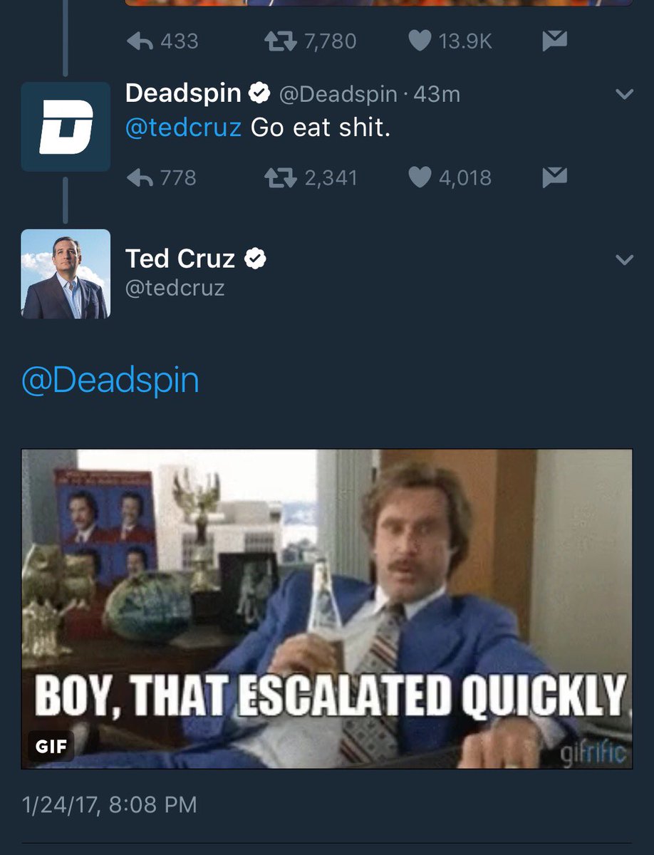 Singlemaltfiend's tweet photo. You can say whatever you want about Ted Cruz's politics, but he just ethered Deadspin. https://t.co/Mlx1Tn0ZX2