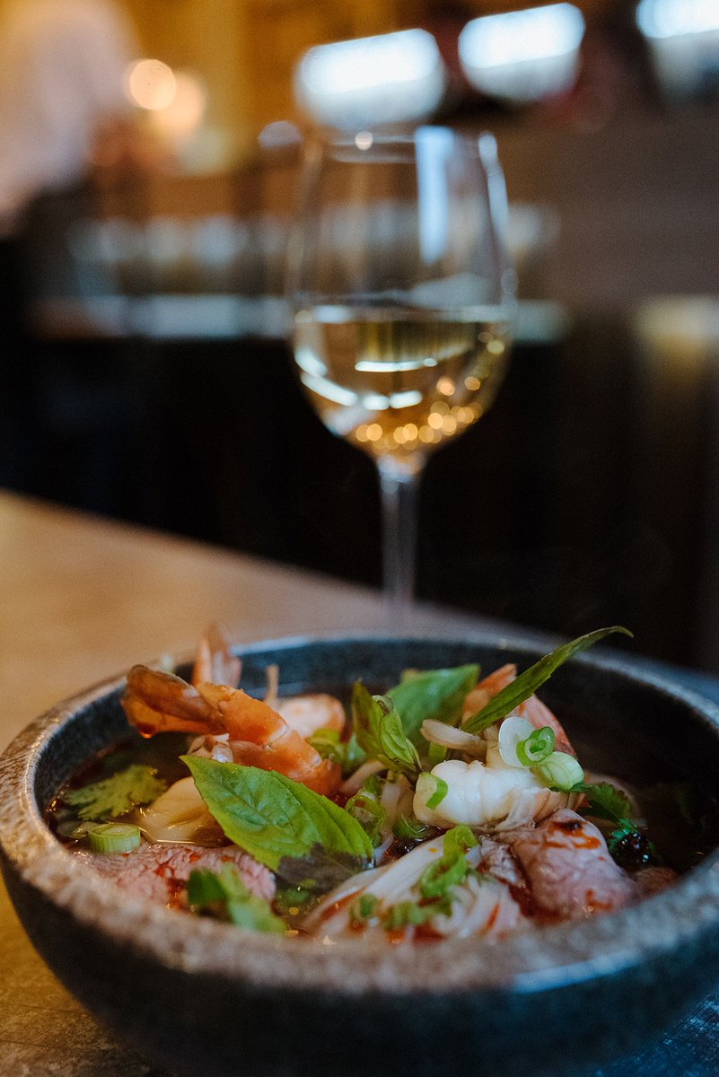 Warm up with a hot king prawn, beef rump &amp; rice noodle Szechuan broth paired with some of our 'The Courtesan' Riesling #asianfusion #spice