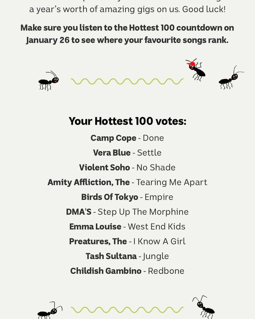 shywolfphotos's tweet photo. My votes are in! Violent Soho for the win ๐ #hottest100 #triplej #violentsoho #tunerag https://t.co/ie9YhKSKyC