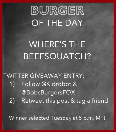 Kidrobot's tweet photo. GIVEAWAY: Win a new #Kidrobot x @BobsBurgersFOX Beefsquatch figure. Winner picked Tues. at 5 p.m. MT! Follow picture to enter! #BobsBurgers https://t.co/njwfttccfV
