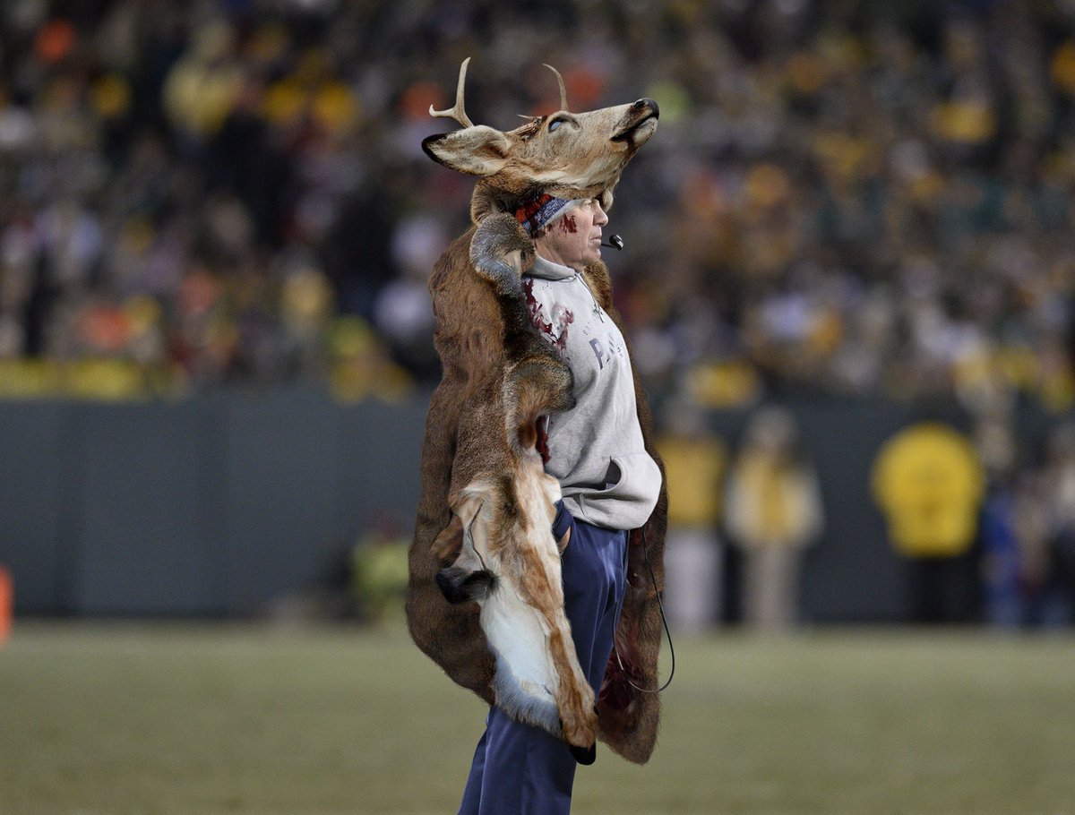 OnionSports's tweet photo. Bill Belichick Keeping Warm On Sideline In Deer Carcass https://t.co/SLtoM6lV7z https://t.co/EQCKespoWL
