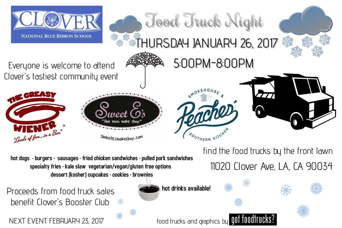 THURS 1/26 join us at <a href="/cloveraveschool/">CloverAveSchool</a> #foodtruck night in #WestLA w/ <a href="/TheGreasyWiener/">The Greasy Wiener 🌭</a> <a href="/PeachesTruck/">Peaches' Smokehouse</a> <a href="/SweetEsBakeShop/">Sweet E's Bake Shop</a>! #fundraiser