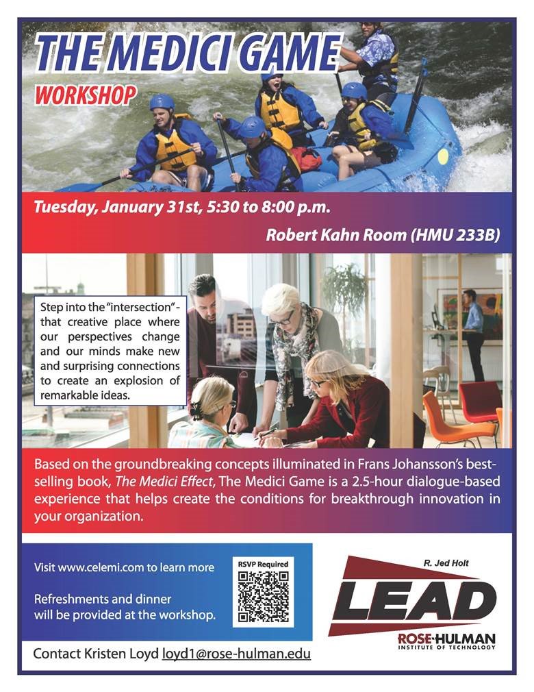 RHITLEAD's tweet photo. Our next event is Tuesday, Jan. 31st from 5:30-8:00pm. Join us to find out what the Medici Game is and how it can change your perspective. https://t.co/EexFnL9bAA