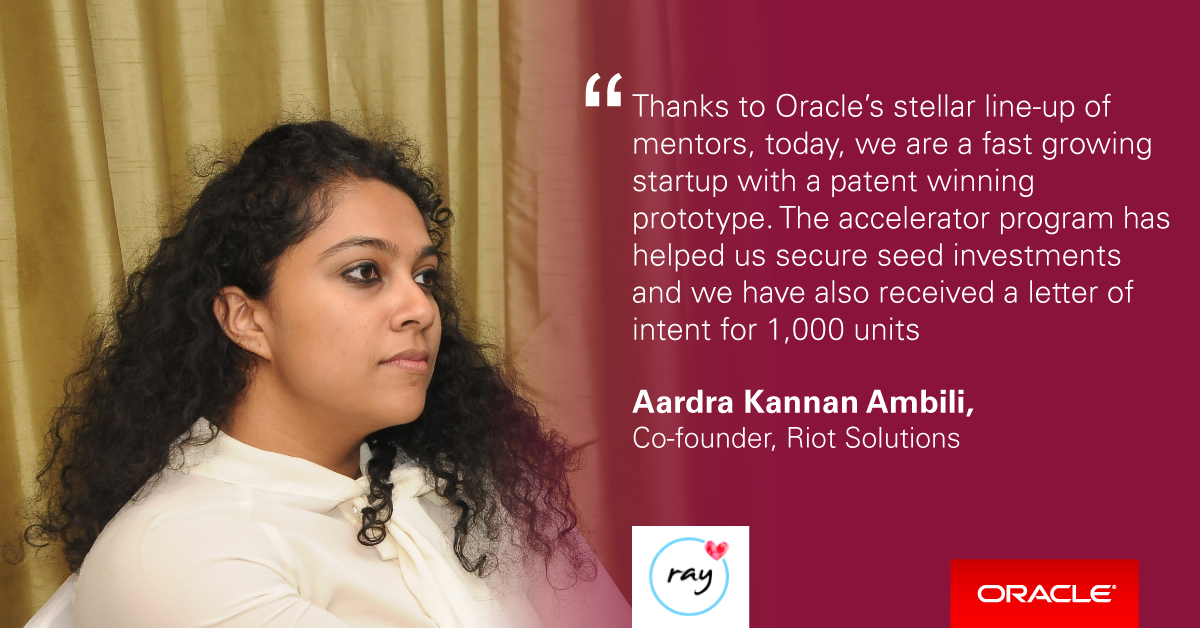 Oracle_India's tweet photo. Aardra Kannan Ambili from #RayIoTSolutions shares her experience of working with @Oracle #Startup #CloudAccelerator Programme @OracleSCA https://t.co/HOaugV8Oiw
