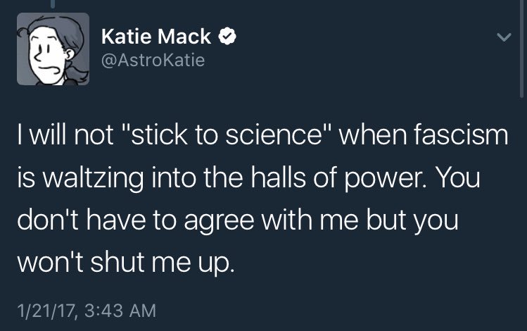 sdkstl's tweet photo. Four responses to the "stick to science" brigade from @AstroKatie @mcnees @BadAstronomer @DrMRFrancis https://t.co/eASeqTBJm2
