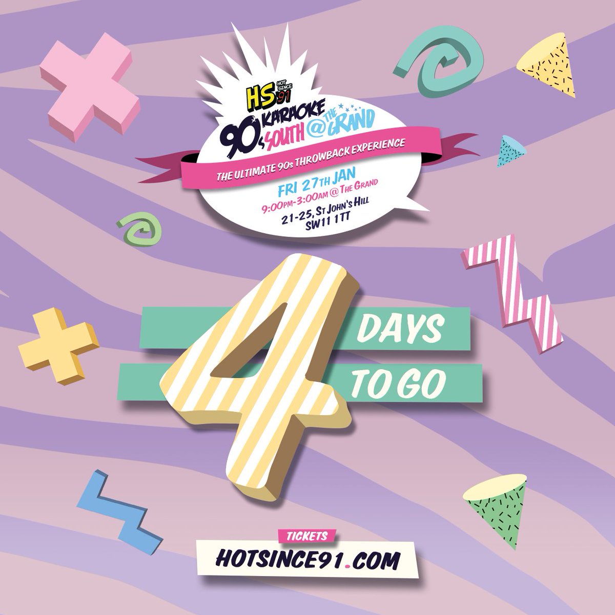hotsince91's tweet photo. 4 DAYS TO GO till HS91: 90s Karaoke @ The Grand in Clapham! Last release of £12 tickets selling FAST, grab yours now https://t.co/TMRTkEPSVj https://t.co/R1GX8KeSWN