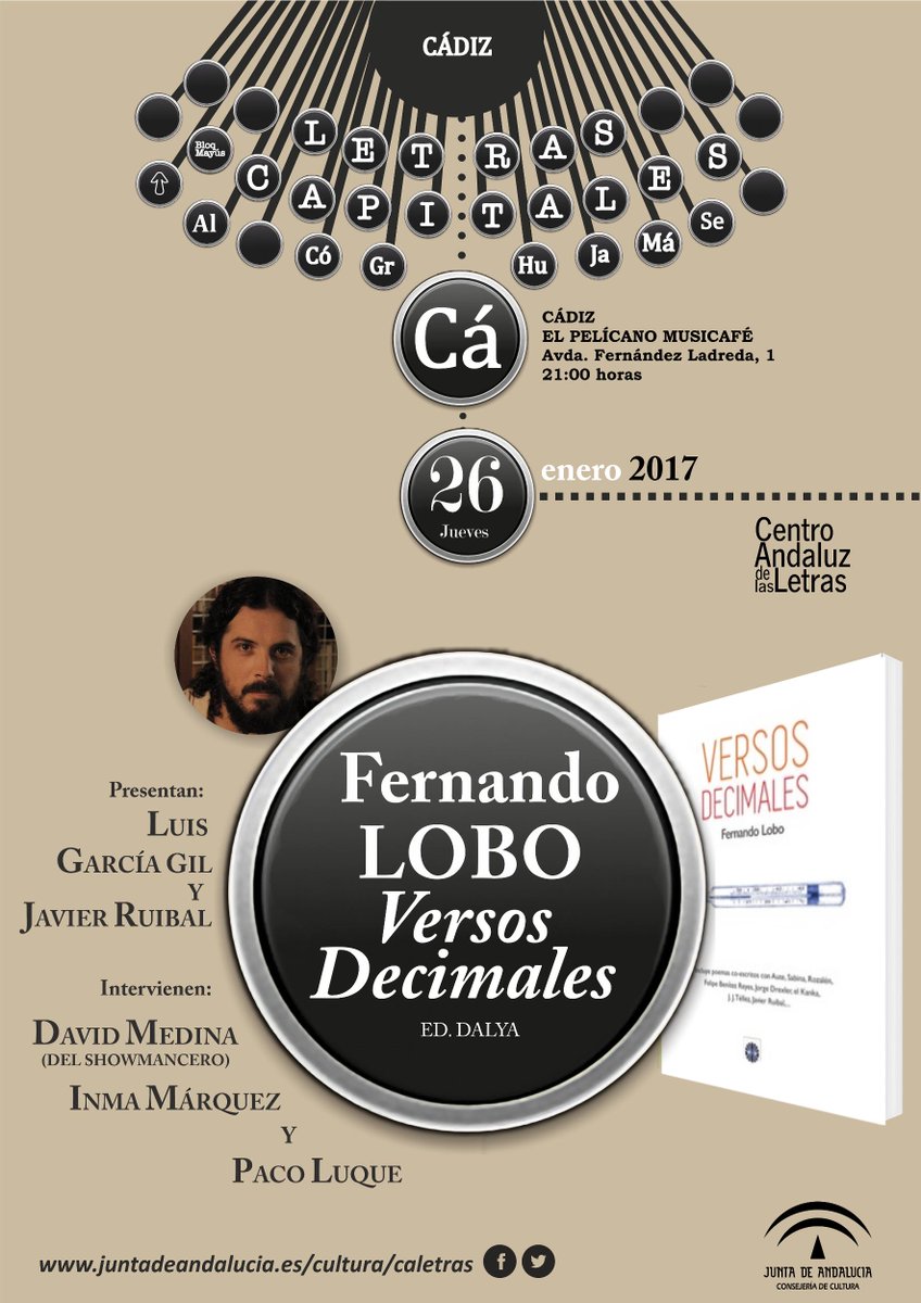 FernandoLoboD's tweet photo. El jueves en @ElPelicanoMusic presento mi libro #VersosDecimales con @JavierRuibal @LuisGarcia_Gil 1/2 @showmancero #InmaMárquez #PacoLuque https://t.co/nKYOP05bg8