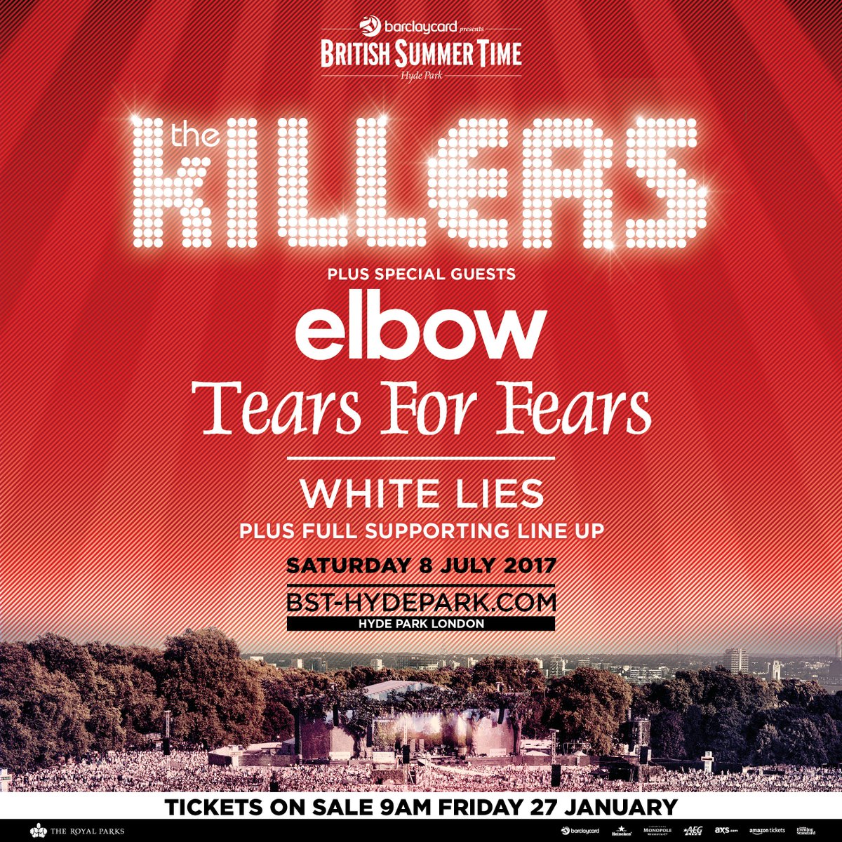 BSTHydePark's tweet image. It’s happening! Our final headliner will be @TheKillers! On Saturday 8th July they'll be joined by @Elbow, @tearsforfears + @whiteliesmusic!