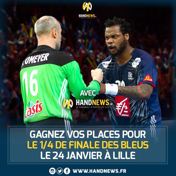 HandNewsfr's tweet photo. 📣 RT &amp; FOLLOW @HandNewsfr pour gagner tes places pour assister au 1/4 de finale des Bleus au @StadePM ! #Handball2017 https://t.co/otMkQhVEuo