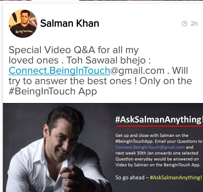 Wow!This is awesome.Get up & close with #SalmanKhan on d #BeingInTouchApp 😊
#AskSalmanAnything ❤
Chalo ho jao shuru 
beingintouch.co/admin/sharepos…