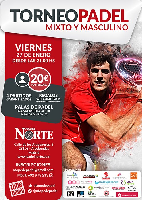 torneospadel's tweet photo. Torneo Masculino &amp; Mixto de #padel "Nocturno" @ATopeDePadel  con Música @PadelNorte  Alcobendas, #Madrid
27/01/17
https://t.co/2dgRzBX1oj https://t.co/JJwj0iPdM4