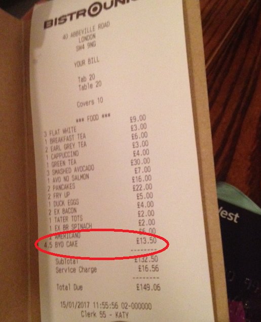 Em_Linkster's tweet photo. WTF?! Paying for a BYO cake for our friend's birthday! What has the world come to?!! @BistroUnion #Societygonewrong https://t.co/FBjPMuGX9G