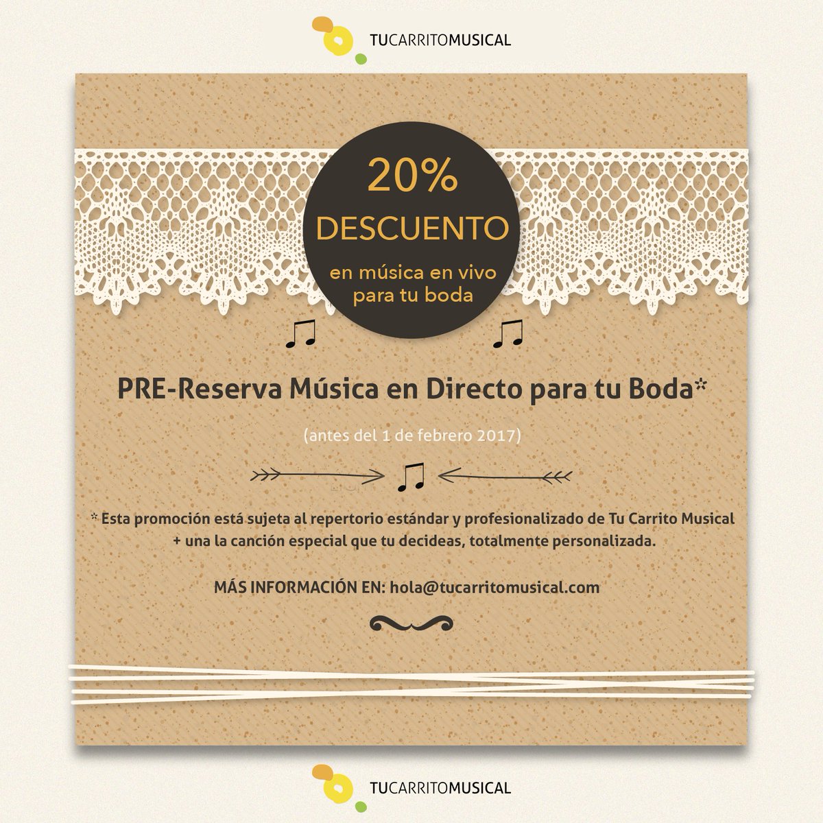 TuCarritoMsical's tweet photo. ¡ÚLTIMA SEMANA PARA CONSEGUIR TU 20% DE DESCUENTO!
PRE-reservas la #MúsicaEnDirecto para tu #boda con #TCM (Hasta 1-FEB). #Oferta #Descuento https://t.co/iXe0E1y6TP