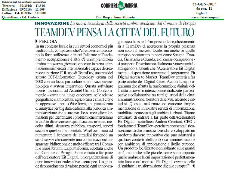 TeamDevTech's tweet photo. #TerritorialPride: Anche il @CorriereUmbria parla di noi #TeamDevProud #innovazione #europa #scaleup @WiseTownProject @ConfcommercioUm https://t.co/ee8AL0Q2oT