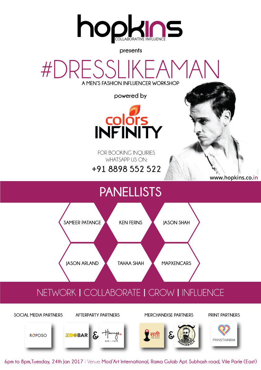 Hopkins_CoIn's tweet photo. #DressLikeAMan powered by #ColorsInfinity 
For Passes Whatsapp your Name &amp; Email Id to: +91 8898 552 522 or visit https://t.co/b6icAmCPiH https://t.co/89RSoS86Uk