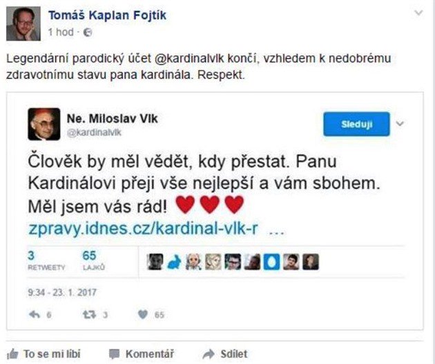 ExpresCZ's tweet photo. Borec dne: Autor parodického Twitteru o @kardinalvlk končí. Kvůli kardinálově rakovině: https://t.co/kNEJebu2VJ https://t.co/VVqthVfDzh