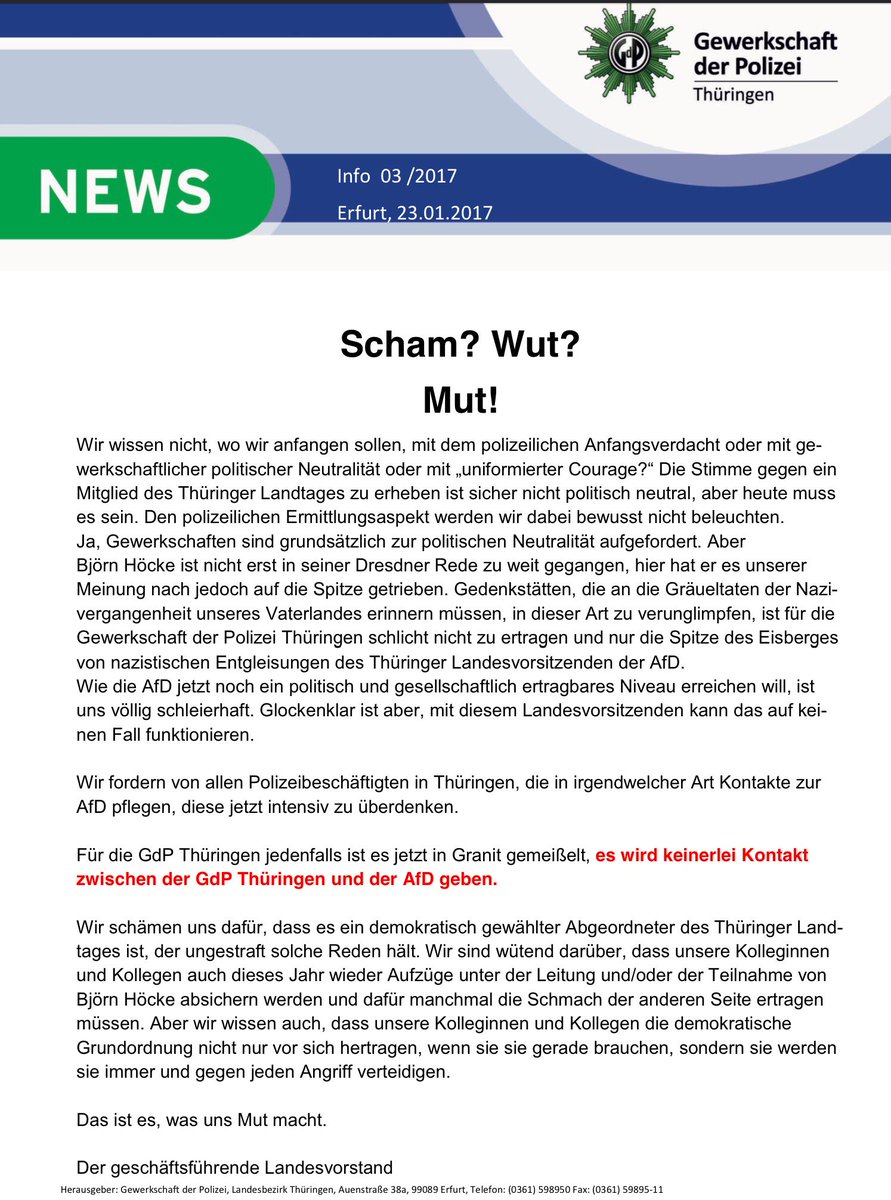 vonDobrowolski's tweet image. Bemerkenswerte, gute Reaktion der #GdP Thüringen auf die Hetze von #AfD-#Höcke. Courage in Uniform.
#noAfD #noNazis
