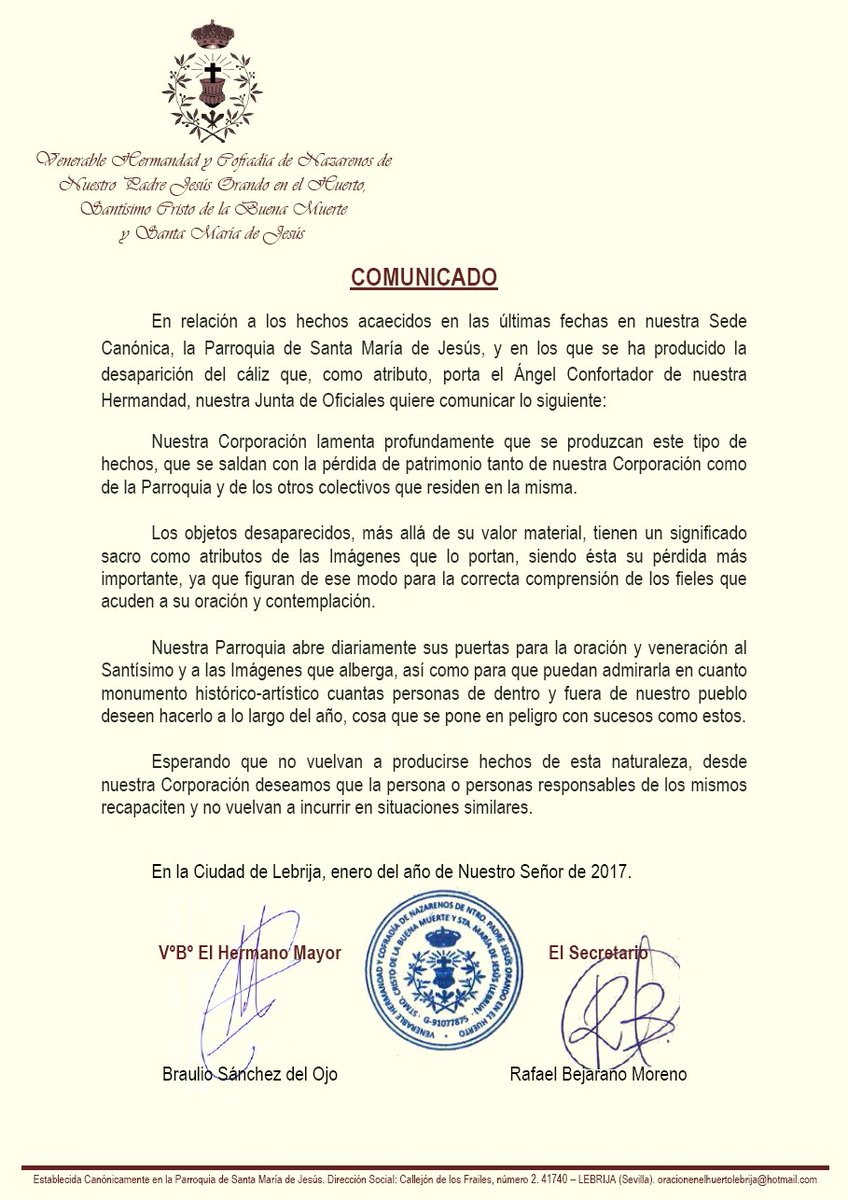 OracionLebrija's tweet photo. Comunicado de la Hermandad en relación a los hechos ocurridos en nuestra Parroquia en las últimas fechas. https://t.co/ZeqoyPYeWs