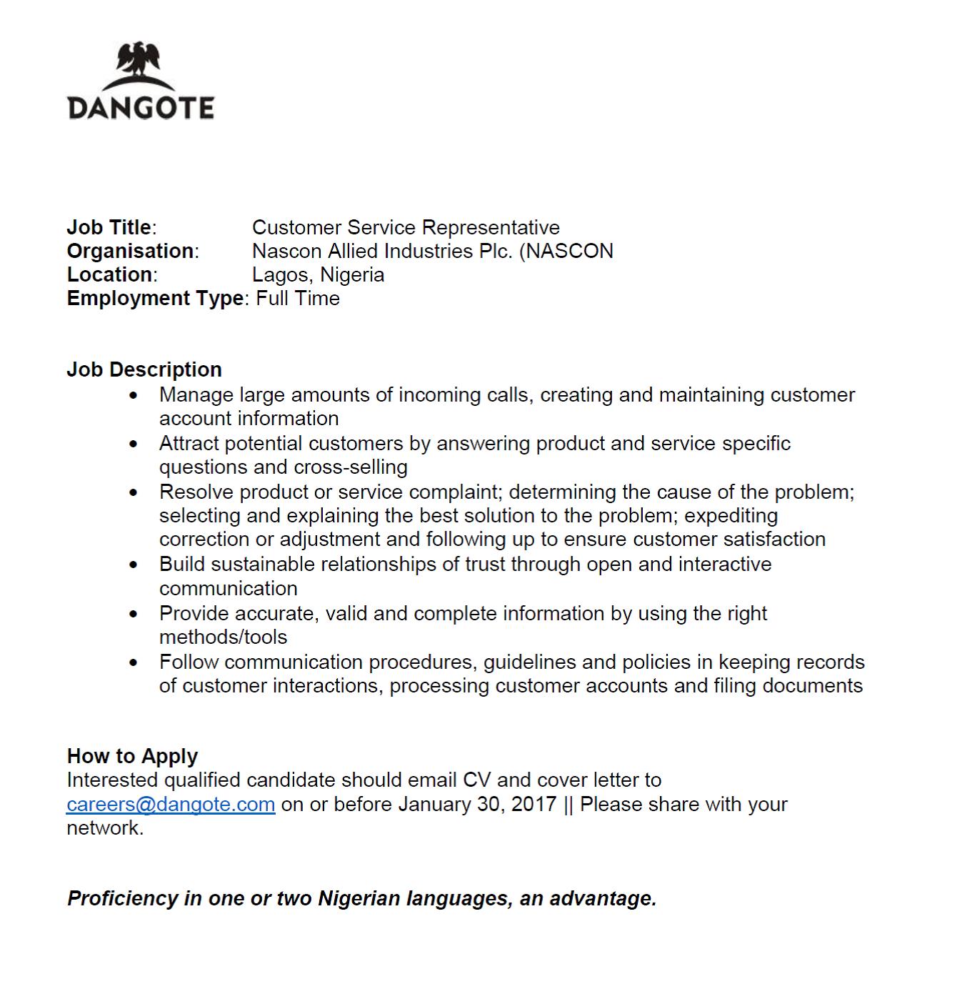 Dangote Group على X: &ldquo;We are hiring! * Position: Customer Care Rep 