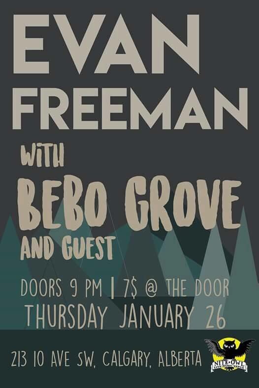 Thurs Jan 26 @niteowlyyc an evening of sweet jams featuring @BeboGrove & more. Doors 9pm #music #yyc #livemusic #acoustic #sceneyyc