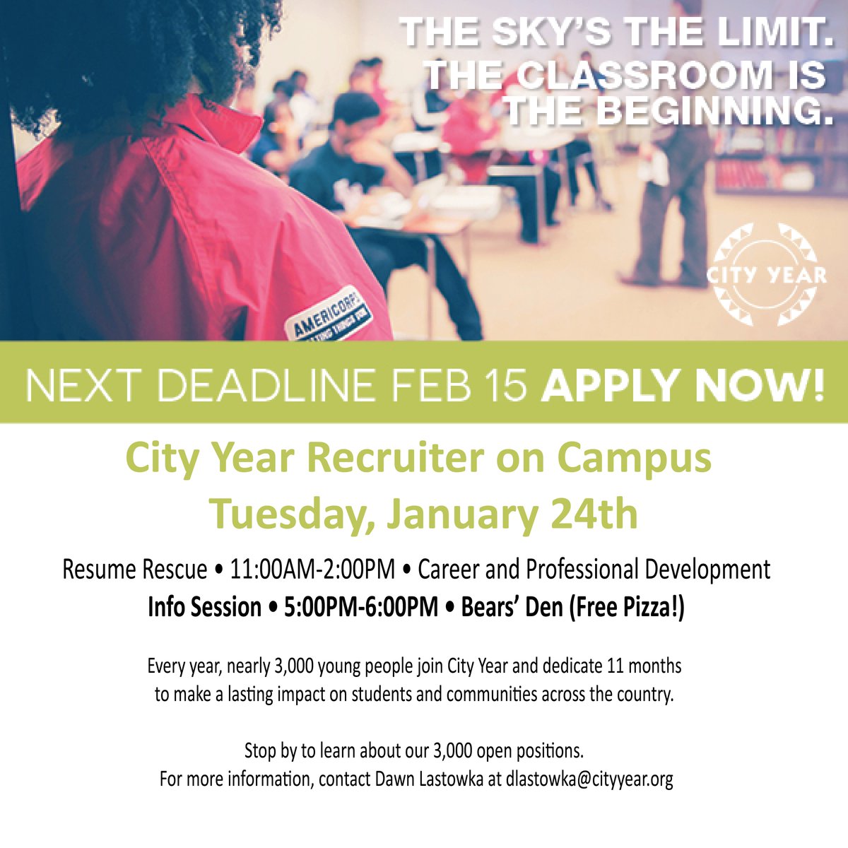 UrsinusCareer's tweet photo. Attn Bears: @CityYearPhilly recruiter @djackRecruits on campus tomorrow! https://t.co/Br7H9wd0Ha