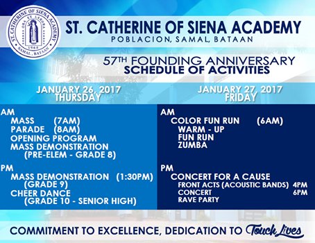 SCSA_FREEMAGE's tweet photo. 57th Founding Anniversary
SCSA: Magnificent at 57, Making an Impact to the World
SCHEDULE OF ACTIVITIES https://t.co/cHTSqhF5B1