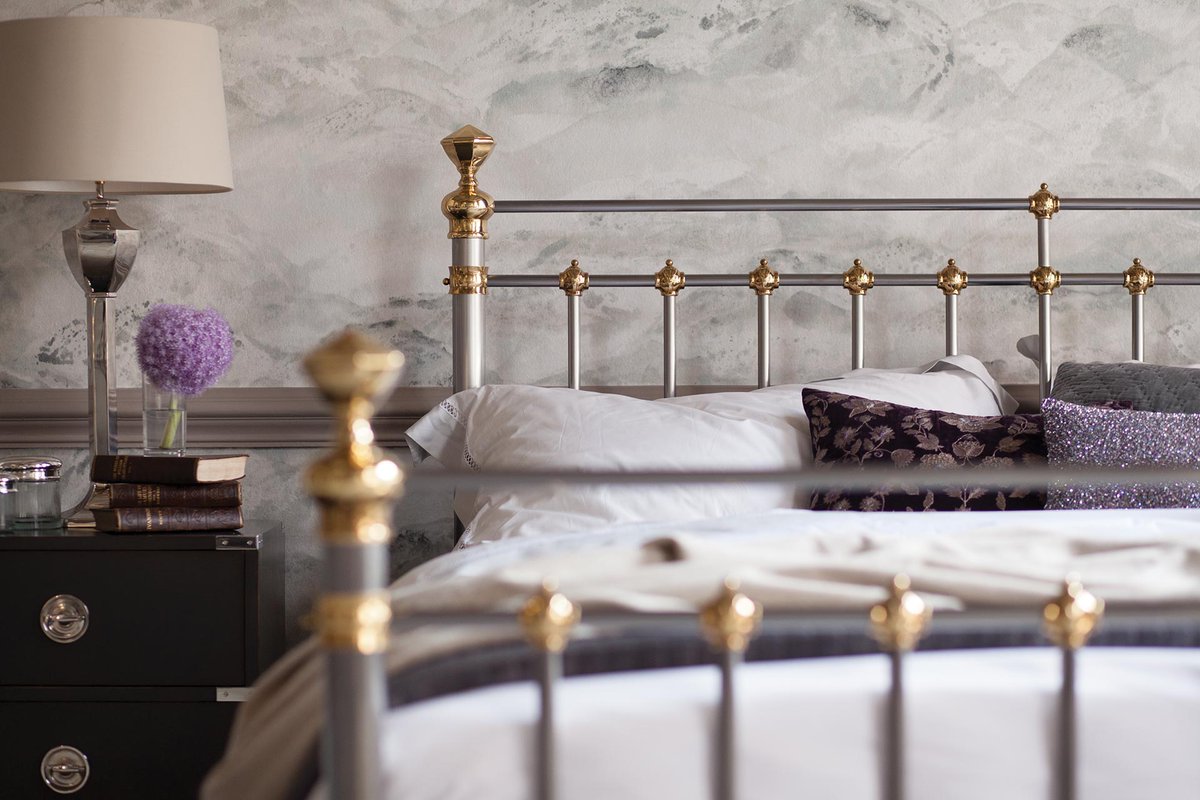 And_So_To_Bed's tweet photo. The Bronte in lacquered steel with brass finials. Find this fine bedstead in And So To Bed's Winter Sale https://t.co/R4eP99ElHk #brassbed https://t.co/kQg93ySV9v