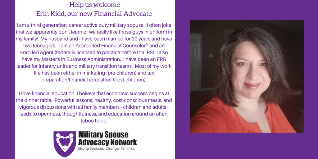 MilSpouseAdvNet's tweet photo. ** Help us welcome Erin Kidd, our new Financial Advocate **
#MSAN #StrongSpousesStrongerFamilies #FinancialMonday #Volunteer https://t.co/Po6LthhKiB