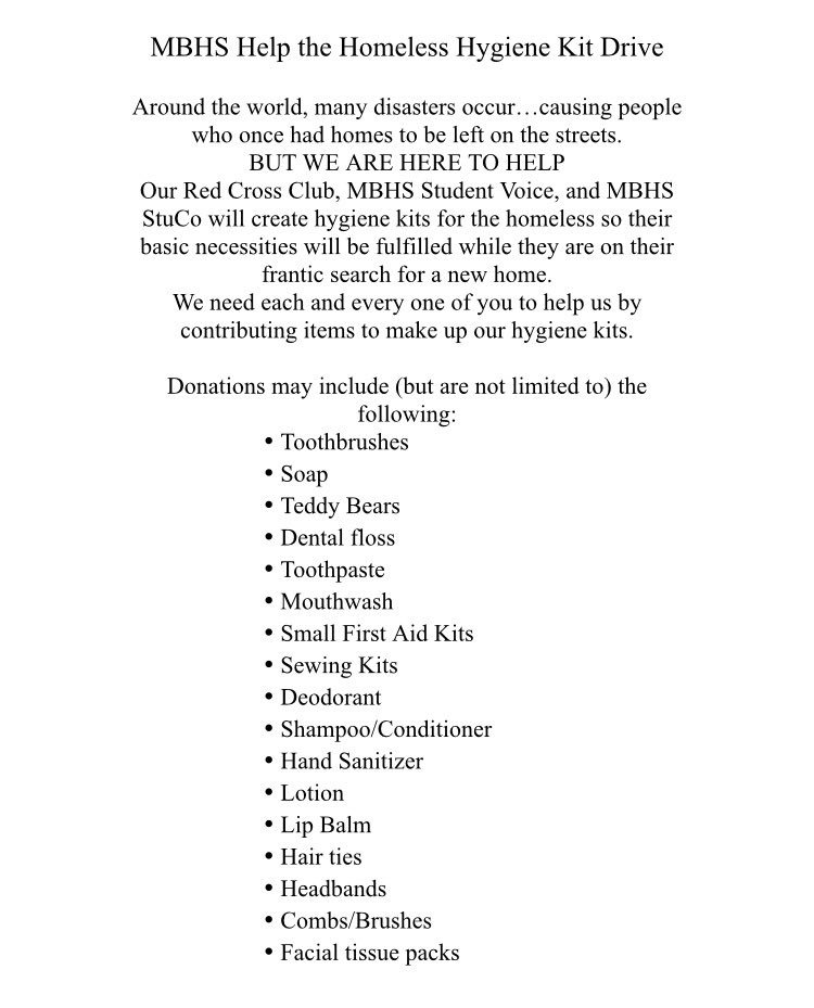 mbhsstuco's tweet photo. It's time to make a difference this week with the Red Cross Club's Hygiene Drive! Bring donations to your third period class!!! https://t.co/DUBD1QxuB5