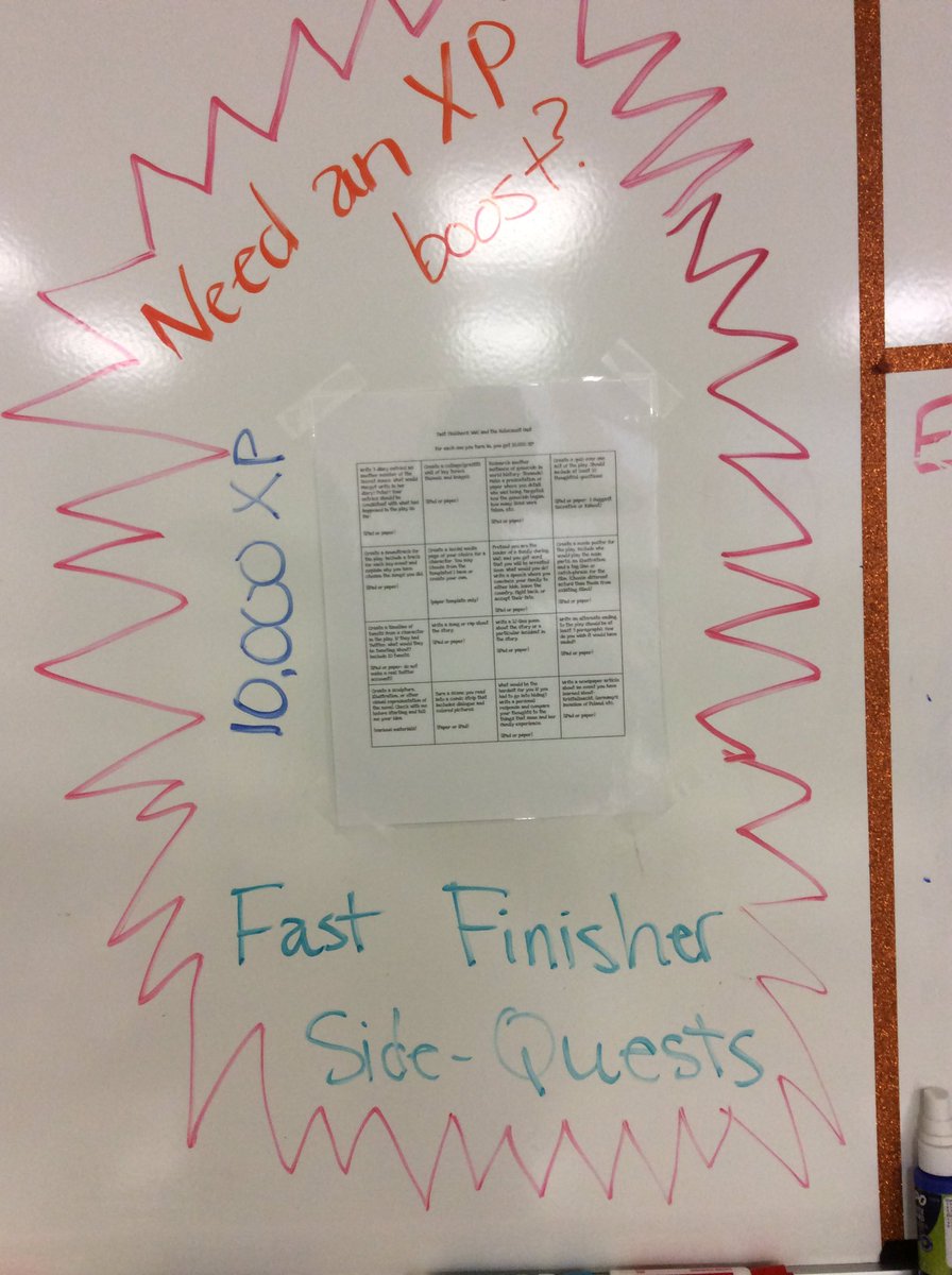 MrsDuddyESMS's tweet photo. One option Ss have as part of #gamification: Fast Finisher Side Quests for 10,000 XP each! #extension #esmsbestyearever https://t.co/BrsTk3STfp
