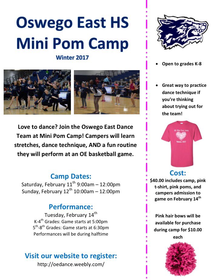 Register for OE Mini Pom Camp in February! <a href="/boulderhill308/">Boulder Hill</a> @churchill308 <a href="/foxchase308/">Fox Chase</a> <a href="/grandepark308/">Grande Park</a> <a href="/homestead308/">Homestead</a> <a href="/huntclub308/">Hunt Club</a>