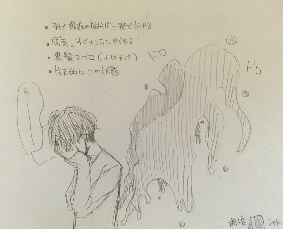 @d_mtskstp 夜の海のような羽を持つ弱気な青年。やはり名前と目の色は未定( ˃̣̣̥ω˂̣̣̥ )
もうちょいキツめの天パにしよかなー
顔周りはまだちょっと悩み中なのでひとまずこんな感じで! 