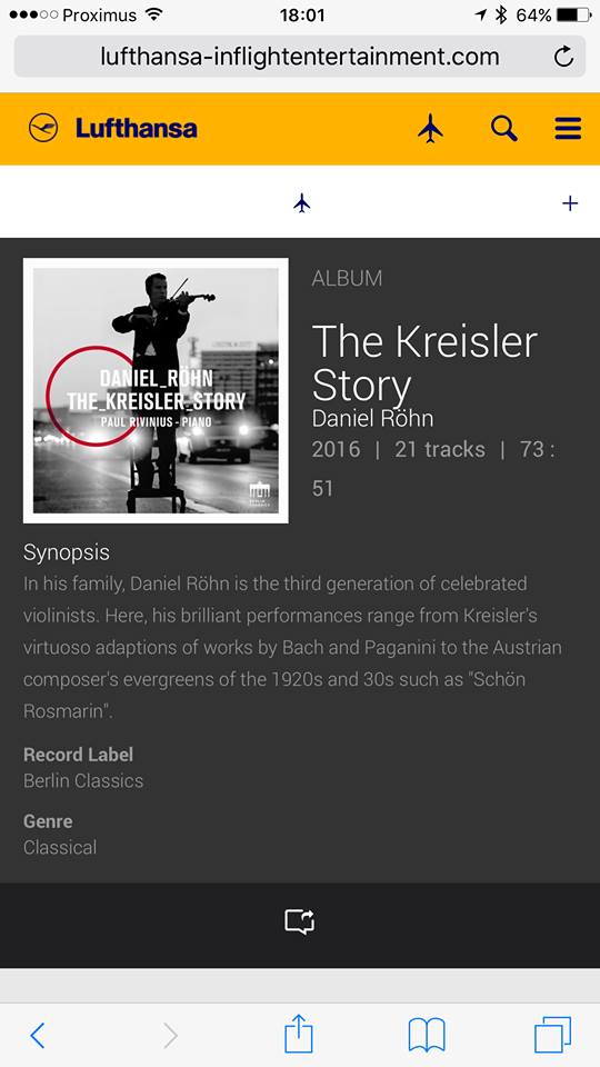 danielroehn's tweet photo. on top of the clouds! Lufthansa's intercontinental inflight entertainment &amp; the Kreisler Story @lufthansa #classicalbuzz https://t.co/nTQJlBhAaI