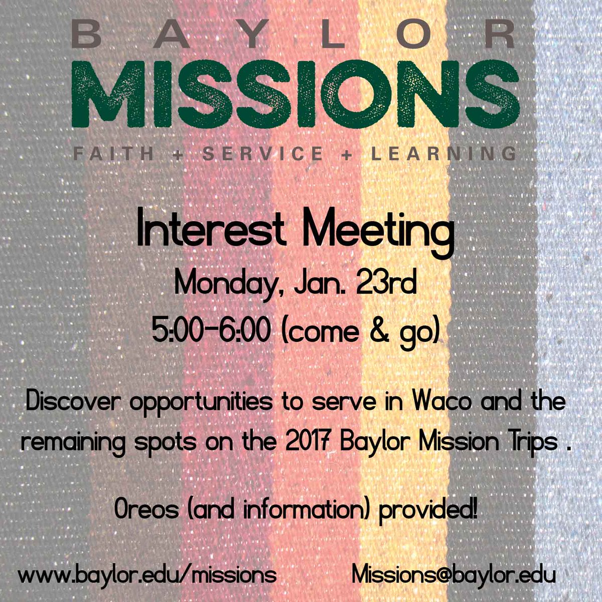 Want to serve in Waco?
Want to go on a trip this year?
Really like Oreos? 

If you said yes to any of these, stop by the Bobo tonight 5-6!