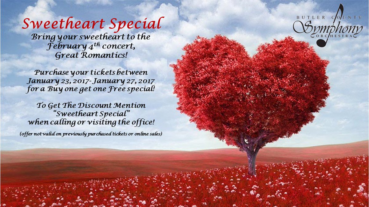 ButlerSymphony's tweet photo. Call the office today for BOGO tickets! 724-283-1402 #ButlerSymphony #SweetheartSpecial #GreatRomantics https://t.co/vzaGXelmdW