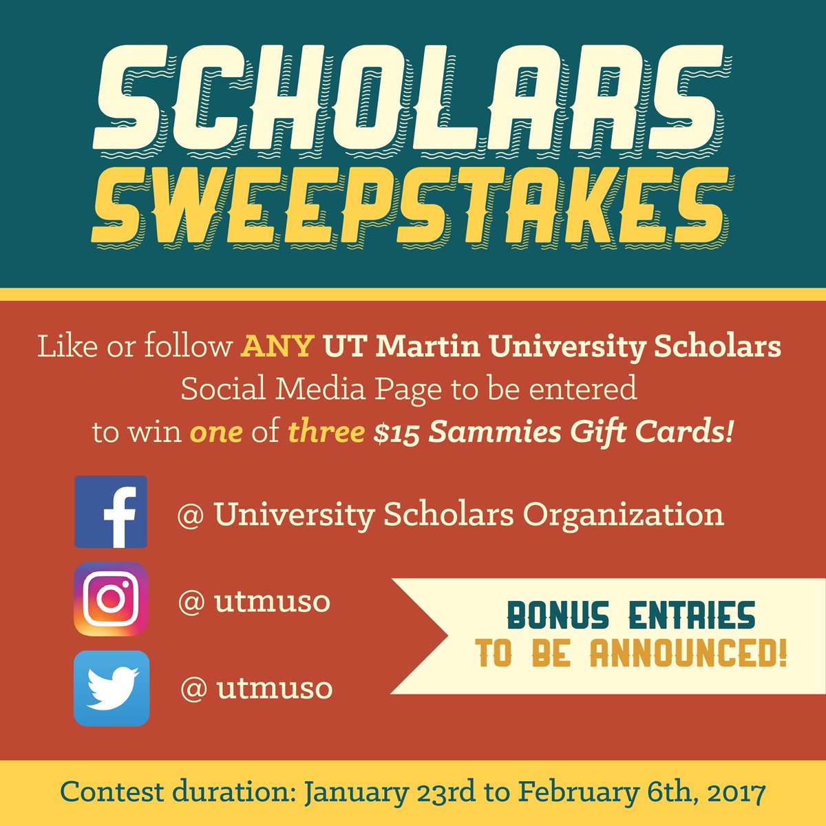 UTM Scholars Sweepstakes! Your chance for free Sammies! For our current followers, you can win with later tweets!