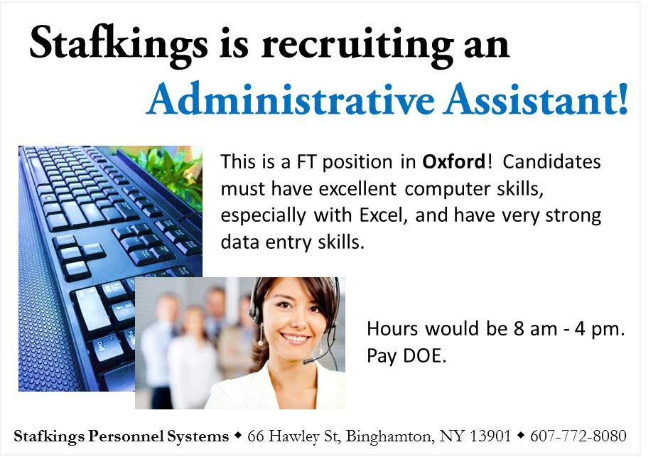stafkings's tweet photo. Our #Binghamton office is recruiting a FT Admin Assistant for a client in Oxford! Apply today - https://t.co/GTUfYDmeWb! #jobs #nysworks https://t.co/d58j433Uwj