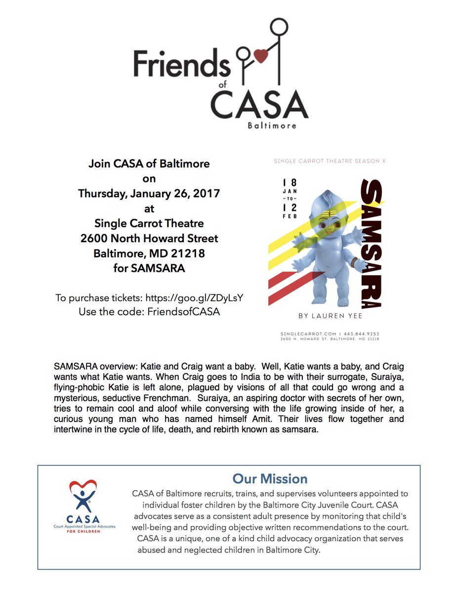 Please join us this Thursday 1/26 at Single Carrot Theatre for a Friends of CASA event.