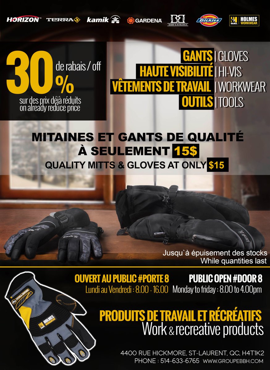 GroupeBBH's tweet photo. Take advantage today of our discounts mitts &amp; gloves as well as HI-VIS in Warehouse Store  #mitts #gloves #warehouse #Hivis #Hiviz #entrepot https://t.co/XY2NVLHffN