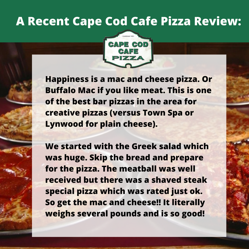 CapeCodCafe's tweet photo. "Happiness is a mac and cheese pizza. Or Buffalo Mac if you like meat..." #CustomerReview #CapeCodCafePizza https://t.co/rgQU7ytSAA